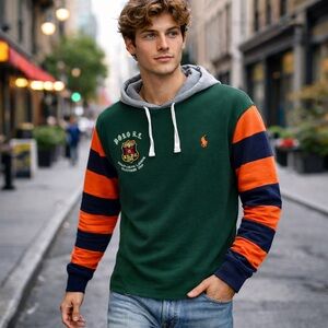 Polo Ralph Lauren Rugby Hoodie Pullover Classic Striped Sleeves Medium Preppy